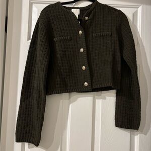 Dark Green Cropped Cardigan with Button Details